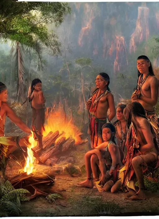Prompt: a beautiful matte painting of an indigenous tribe around a fire in the jungle,