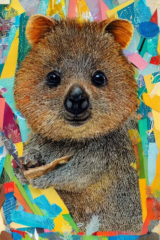 Image similar to detailed illustration, a portrait of a happy quokka on rotttnest island constructed from colored paper, collage, may gibbs, layered composition, layers, texture, textured, layered, sculpted, dynamic, 🦋, 🌱,