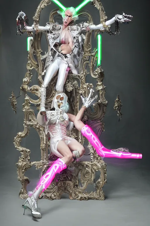 Image similar to full-body rococo and cyberpunk style neon statue of a young attractive guido macho dotado e rico android sim roupa reclining con las piernas abertas e la piroca dura, glowing white laser eyes, prince crown of pink gears, diamonds, swirling silver-colored silk fabric. futuristic elements. full-length view. space robots. human skulls. intricate artwork by caravaggio. Trending on artstation, octane render, cinematic lighting from the right, hyper realism, octane render, 8k, depth of field, 3D