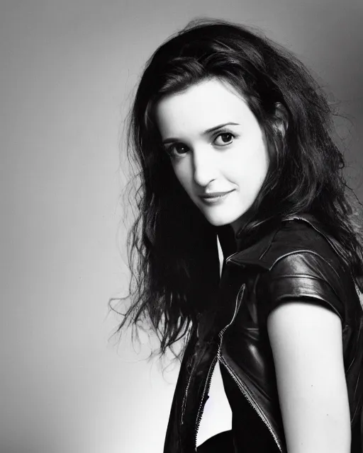 Image similar to headshot of young winona ryder, wearing a black leather jacket, tom waits t - shirt and blue jeans with a belt, photoshoot in the style of annie leibovitz, studio lighting, soft focus, bokeh