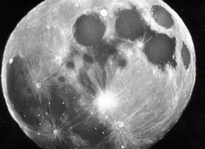 Image similar to vintage film still of the moon exploding shattering fragments in the sky around the exploding moon over new york city in the 1 9 2 0 s from the old sci - fi movie