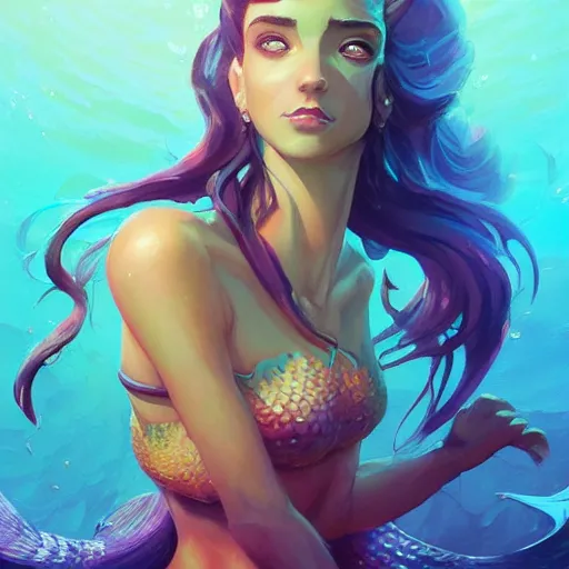 Prompt: female mermaid portrait, maya ali mage, gloomhaven, dynamic lighting, gaudy colors, octane render aesthetic, matte painting concept art, official fanart behance hd artstation by jesper ejsing, by rhads and makoto shinkai and lois van baarle and ilya kuvshinov and rossdraws