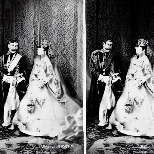 Image similar to An extreme closeup shot, colored black and white Russian and Japanese mix historical fantasy photographic portrait of a Royal wedding of the empress and emperor exchanging the wedding rings, golden hour, warm lighting, 1907 photo from the official wedding photographer for the royal wedding.