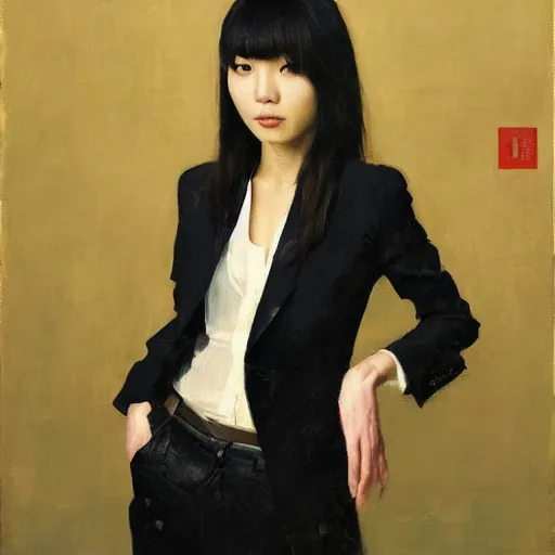 Image similar to portrait of a beautiful korean girl wearing a men's tuxedo, with long hair and bangs, angular features, angry expression, oil on canvas, elegant pose, masterpiece, Jonathan Yeo painting