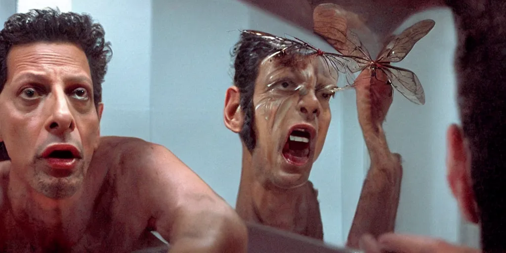 Image similar to ultra wide angle photo of jeff goldblum dressed as seth brundle is looking at himself in a bathroom mirror and seeing his reflection as the fly, a mutated insect version of jeff goldblum