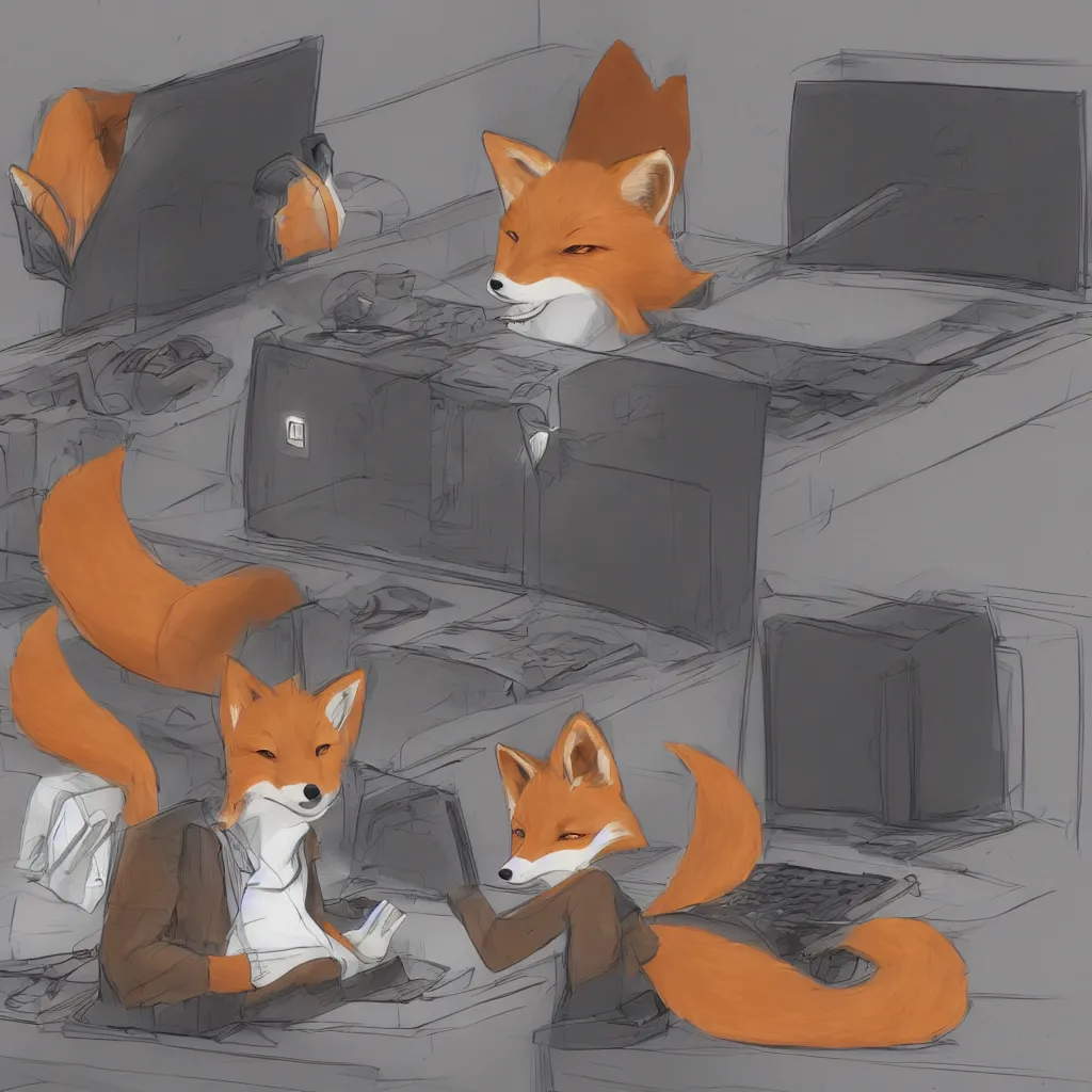 Prompt: an anthropomorphic fox in a hoodie sitting in front of a portable black computer, concept art, digital art, highly detailed, anime, by hayao miyazaki