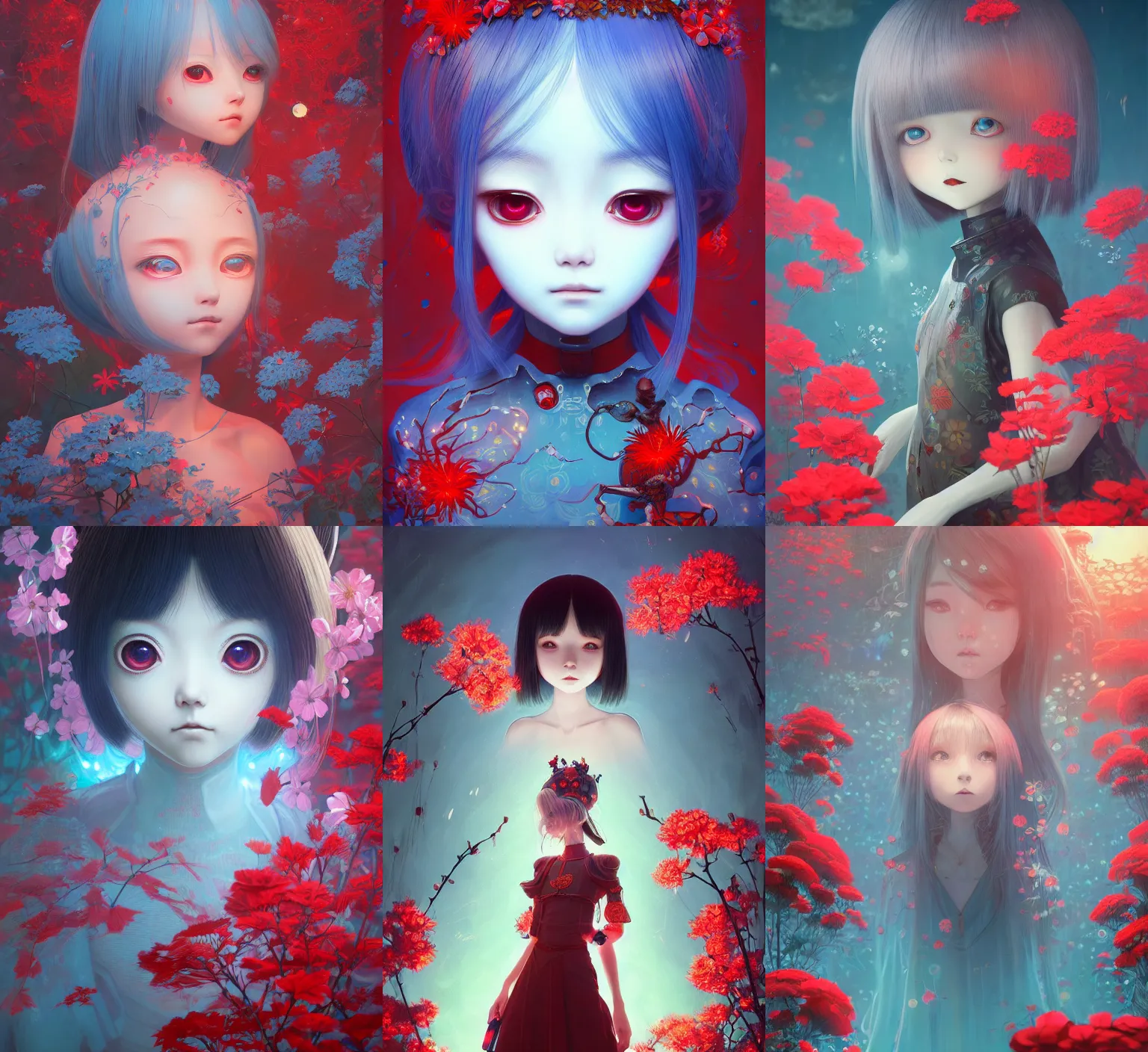 Prompt: detailed, sharp, dreaming humanoid female automata with big eyes wearing red chinese ornament surrounded by glowing blue flowers and flora floating above a dystopia by Ilya Kuvshinov and Anna Dittmann and studio ghibli and WLOP and Rossdraws, digital art, surreal, trending on artstation, anime arts, featured on Pixiv, blue lighting, HD, 8K, highly detailed, good lighting, beautiful, epic, masterpiece