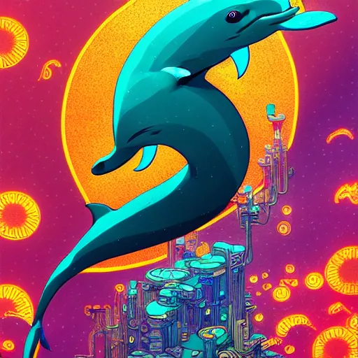 Image similar to a beautiful hyperdetailed character design 4 k wallpaper illustration of a cute dolphin, victo ngai cyberpunk style, from china, style of studio ghibli, makoto shinkai, raphael lacoste, louis comfort tiffany, artgerm, james jean, ross tran, chinese style