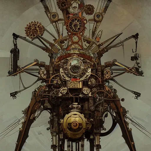 Image similar to Large steampunk mechanical spider, sci-fi art by alphonse mucha and greg rutkowski, highly detailed, digital painting, concept art, illustration, dim lighting, trending on artstation, very detailed, smooth, sharp focus, octane render