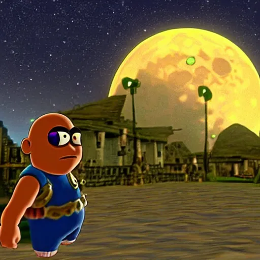 Image similar to majora's mask screenshot but the moon is peter griffin