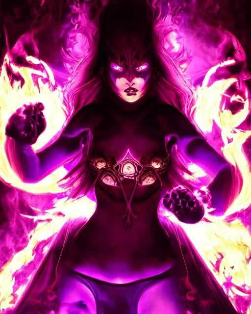Prompt: pyromancer devil girl cover in purple death flames, deep pyro colors, purple laser lighting, award winning photograph, radiant flares, realism, lens flare, intricate, various refining methods, micro macro autofocus, evil realm magic painting vibes