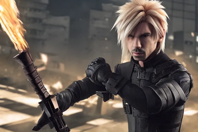 Image similar to live action film still of nathan fielder playing cloud strife in the new sci - fi movie