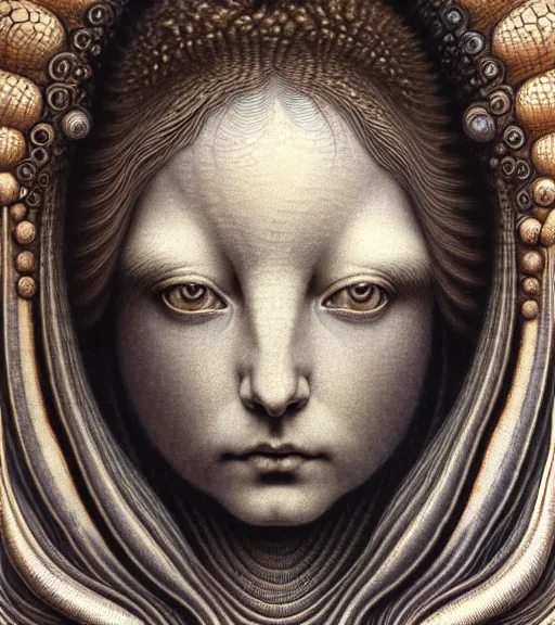 Prompt: detailed realistic beautiful limpet goddess face portrait by jean delville, gustave dore, iris van herpen and marco mazzoni, art forms of nature by ernst haeckel, art nouveau, symbolist, visionary, gothic, neo - gothic, pre - raphaelite, fractal lace, intricate alien botanicals, ai biodiversity, surreality, hyperdetailed ultrasharp octane render