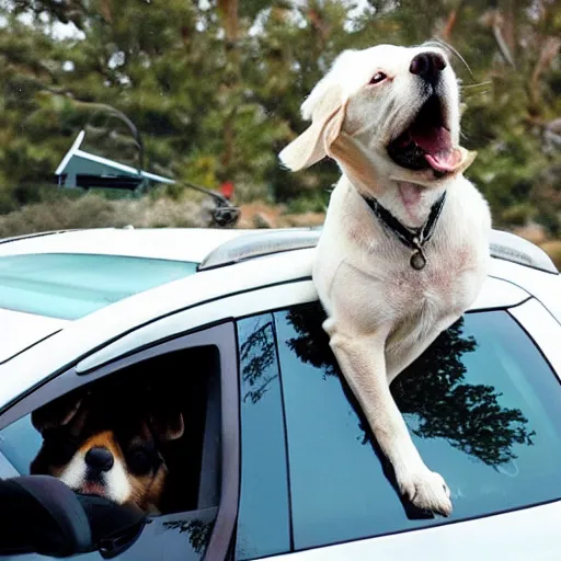 Prompt: a dog on top of a car