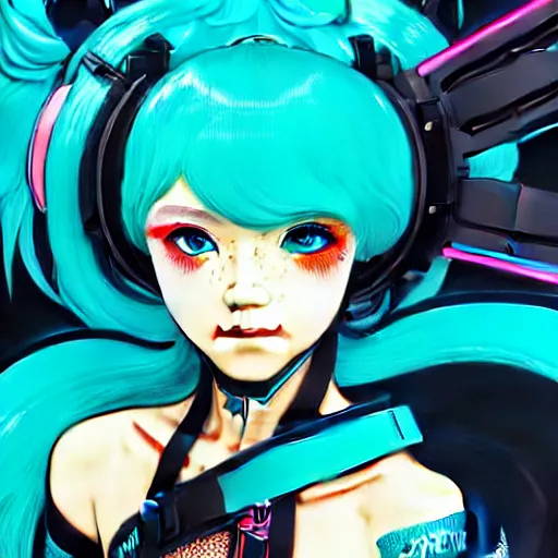 Image similar to high quality high detail 3 / 4 portrait of a hatsune miku as diesel punk character in an futuristic world, techwear, tristan eaton, victo ngai, artgerm, rhads, ross draws, hyperrealism, intricate detailed, alphonse mucha, pastel colors, vintage, artstation