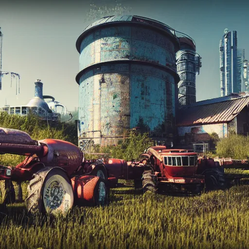 Image similar to fully detailed landscape of a cyberpunk farm , watertank, futuristic tractors, farmhouse, mushroom, overgrowth, Ai , in the future, high quality, 8k , octane render