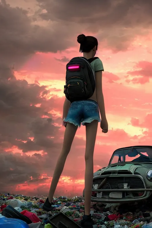 Image similar to teenage girl in mini short with backpack looking at food at garbage dump, destroyed cars, city is pure wasteland, moody sunset background, rays of sunlights, ( ( ( rainbow ) ) ), high details, sharp, photorealism, cinematic, greg rutkowski, artgerm, unreal engine, highly detailed