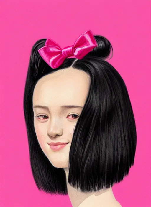 Image similar to portrait of high school girl, realistic, black hair, bangs, half updo hairstyle, pointy nose, skinny, smile, ugly, defined jawline, big chin, pink hair bow, earrings, intricate, elegant, glowing lights, highly detailed, digital painting, artstation, sharp focus, illustration, art by wlop, mars ravelo and greg rutkowski