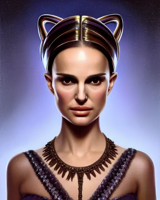 Image similar to Natalie Portman, wearing alien antennae headband, very detailed portrait, ultrarealistic, dramatic lighting, electrical details, high details, 4k, 8k, best, accurate, trending on artstation, fur, artstation, photorealism, ultrarealistic, digital painting, style of Dali, Caravaggio, Boris Vallejo