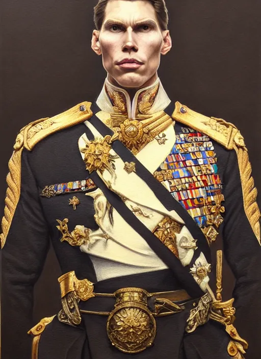 Image similar to portrait of supreme leader jerma, royalty, extravagant, lord, full body, military uniform, fantasy, intricate, elegant, beautiful, highly detailed, charcoal, centered, dark, smokey, digital painting, artstation, concept art, art by artgerm and greg rutkowski and alphonse mucha