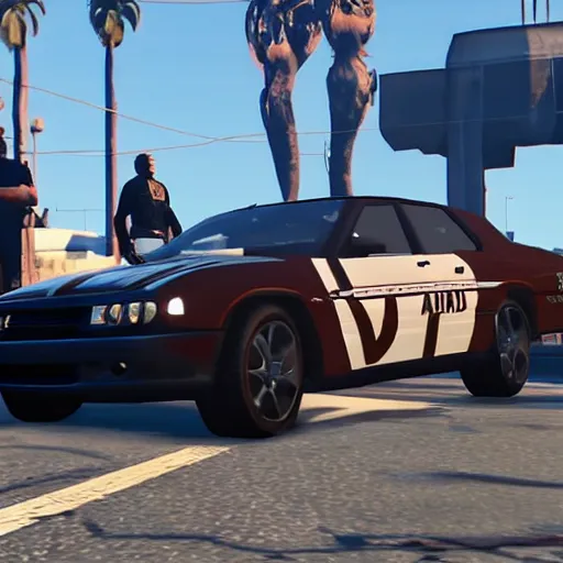 Image similar to GTA V arnold schwarzenegger screenshot stealing a cop car