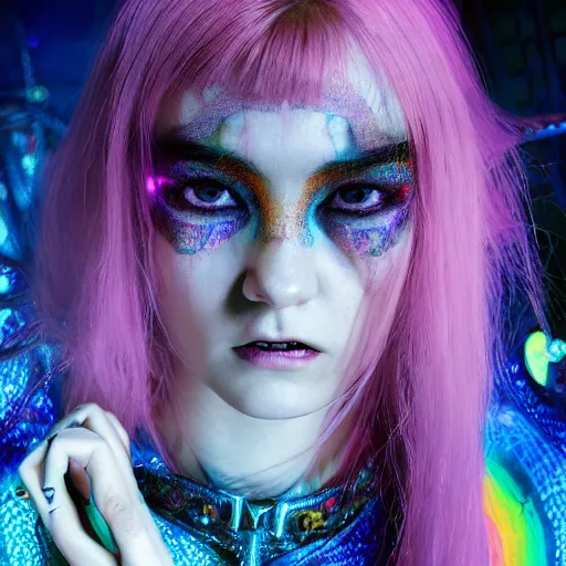 Prompt: Ethereal, mysterious stunning maximalist mesmerizing cyberpunk girl Grimes (Claire Boucher) from the rainbow sky paradise, high-tech, professional high fashion model photo shoot, hyperdetailed by Mark Ryden and artgerm and Hiroyuki-Mitsume Takahashi, 35mm macro shot, hyperrealism, 8k resolution 3D, cinematic, dynamic lighting, octane render, unreal engine 5