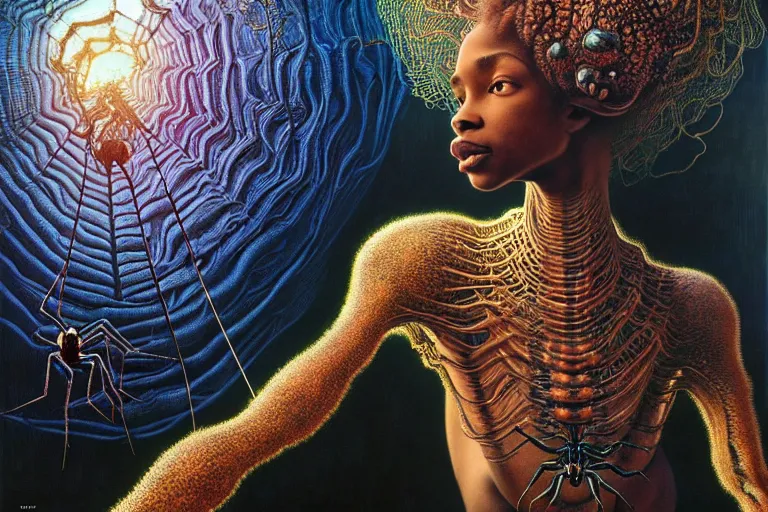 Image similar to realistic detailed portrait movie shot of a beautiful black woman riding a giant spider, dystopian city landscape background by denis villeneuve, amano, yves tanguy, alphonse mucha, max ernst, ernst haeckel, kehinde wiley, caravaggio, jean delville, david lynch, roger dean, cyber necklace, rich moody colours, sci fi patterns, dramatic, wide angle