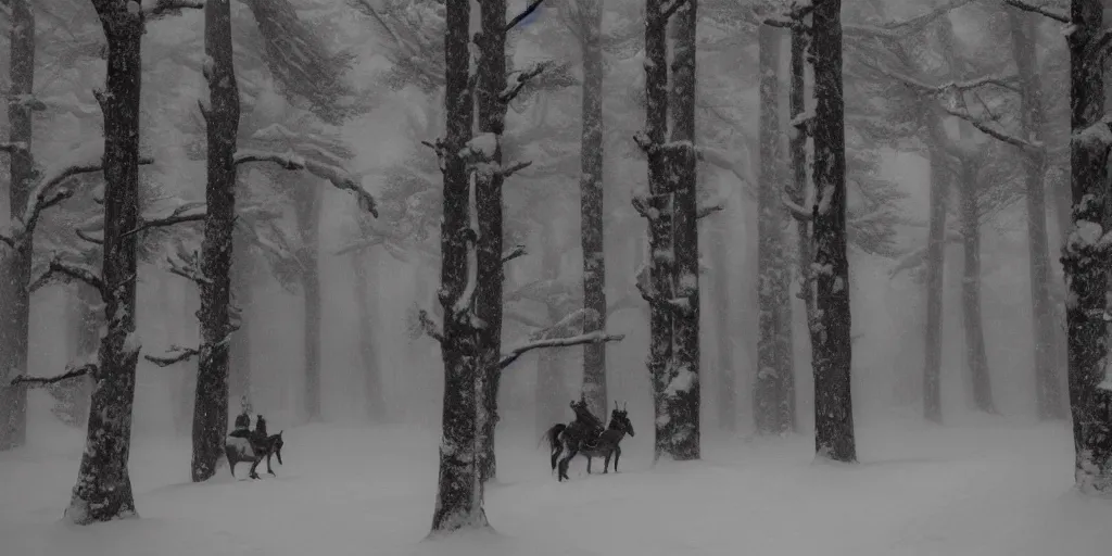 Prompt: a cinematic movie still render of ww 2 1 9 4 3 soldiers on horse back in a snowy forest of dead trees, snow covered ww 2 soldiers riding horses through a snow storm in a forest, octane render by greg rutkowski, digital render