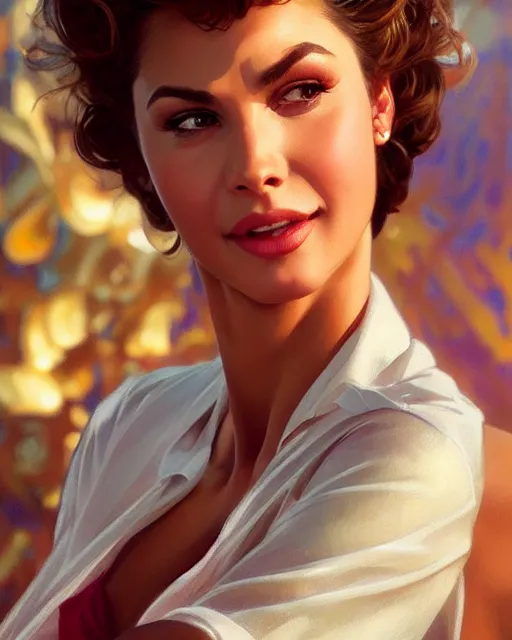 Image similar to Portrait of Sandy from Grease going up to heaven, real life skin, intricate, elegant, highly detailed, artstation, concept art, smooth, sharp focus, art by artgerm and greg rutkowski and alphonse mucha