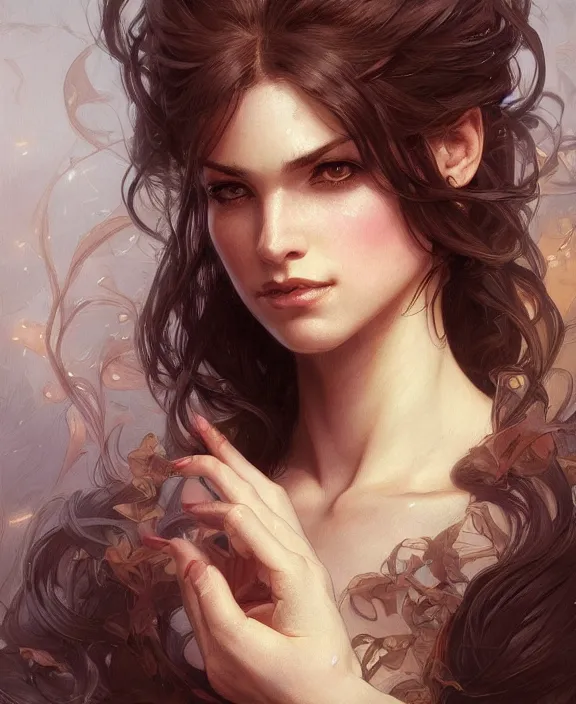 Image similar to portrait close up of woman, concentrated look, symmetry, d & d, fantasy, intricate, elegant, highly detailed, digital painting, artstation, concept art, art by artgerm and greg rutkowski and alphonse mucha, boris vallejo