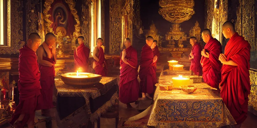 Image similar to beautiful oil matte portrait painting, tibetan monks praying to a candle - lit altar inside a tibetan temple, wonderful masterpiece highly detailed, beautiful cinematic light deep focus, elegant, digital painting, smooth, sharp focus, golden ratio, dramatic illumination, ultra realistic, 8 k, art by artemisia lomi gentileschi and caravaggio