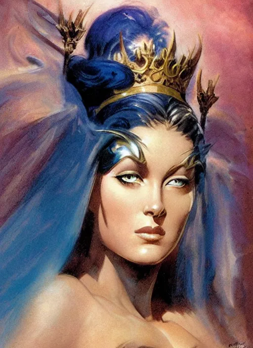 Image similar to portrait of mighty plump female sorceress, blue tiara and veil, lightning halo, strong line, muted color, beautiful! coherent! by frank frazetta, by boris vallejo