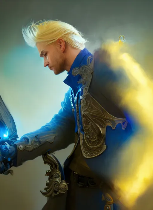 Image similar to side profile of a man with blonde hair in a blue suit wielding a large sword and a gun in a holster, fantasy, digital painting, volumetric light, intricate, sharp, focus, bloom, illustration, highly detailed, concept art, matte, ruan jia, randy vargas, greg rutkowski