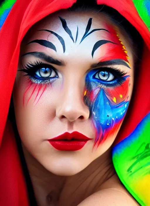 Image similar to photo of a gorgeous Beautiful face Portrait of Little Red Riding Hood with a rainbow panther, face painting, woman in the style of stefan kostic, wild, realistic, sharp focus, 8k high definition, insanely detailed, intricate, elegant, art by stanley lau and artgerm