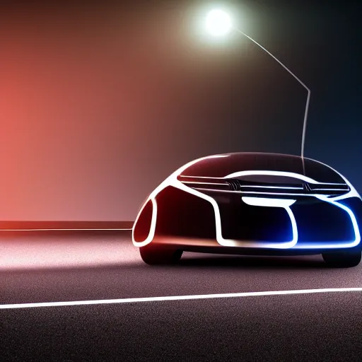 Prompt: a futuristic car driving at night, lighting in background, realistic, canon camera,