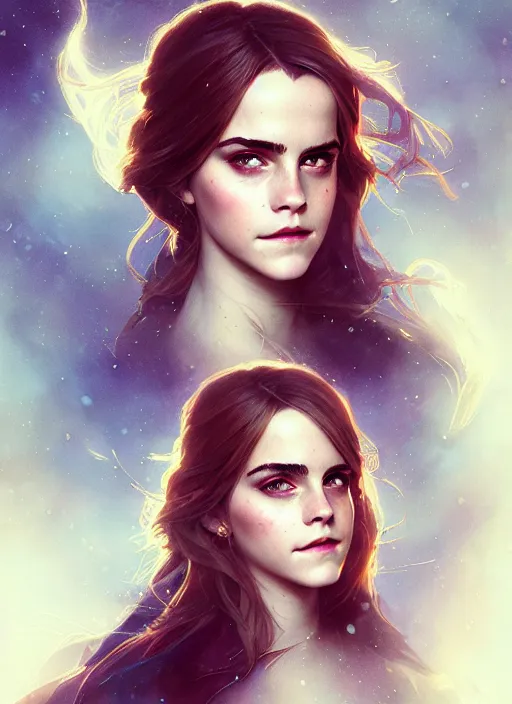 Prompt: portrait of emma watson, digital art by artgerm and greg rutkowski, gaston bussiere, sakimi chan and android jones and karol bak, cinematic lighting, trending on artstation, volumetric dust, intricate, elegant