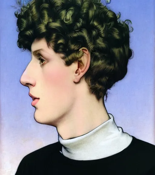 Image similar to clean cel shaded art of a pale androgynous blond young man Lucius, long fluffy curly blond hair, light platinum long blond hair, wearing a black turtleneck sweater, Alexandre Cabanel, norman rockwell, peter paul rubens, maler collier, frank frazetta, alphonse mucha, gustav klimt 4k, unreal 5, DAZ, french noveau, trending on artstation, octane render, hyperrealistic