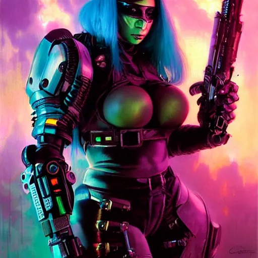 Prompt: a sexy cybergoth Doom Slayer, dystopian mood, vibrant colors, sci-fi character portrait by gaston bussiere, craig mullins, Simon Bisley, curvy