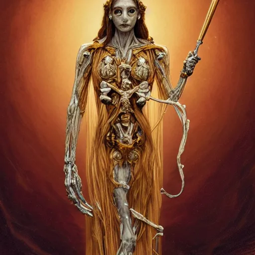 Prompt: portrait of Hecate as a marble statue skeleton, greek mythology, gold crown and filaments, visible fossilized arteries and bones and veins and spine and muscles and nerves, intricate, headshot, highly detailed, digital painting, artstation, concept art, sharp focus, cinematic lighting, illustration, art by artgerm and greg rutkowski, alphonse mucha, cgsociety, chiaroscuro