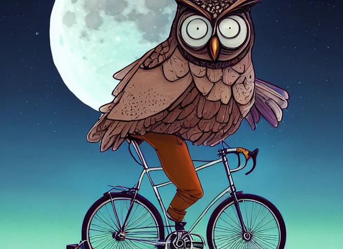 Image similar to a cell shaded cartoon owl riding a bicycle, with a big head, on a desert road, wide shot, in front of a big moon, muted colors, post grunge, josan gonzales, wlop, by james jean, victor ngai, hq, deviantart, art by artgerm