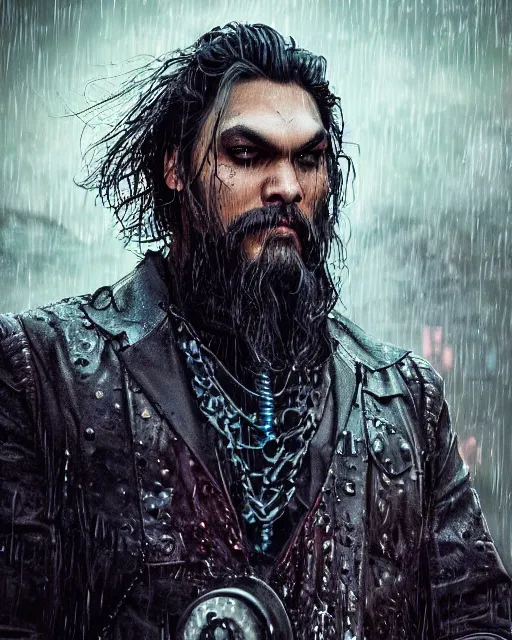 Image similar to An epic fantasy comic book style portrait painting of a very imposing Industrial goth Jason Momoa in the rain, wet hair, neon reflections, character design by Mark Ryden and Pixar and Hayao Miyazaki, unreal 5, DAZ, hyperrealistic, octane render, cosplay, RPG portrait, dynamic lighting, intricate detail, cinematic