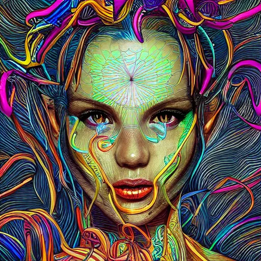 Image similar to the head of a ridiculously beautiful and pretty woman partially made of onion rings of all colors looking up, an ultrafine detailed illustration by james jean, final fantasy, intricate linework, bright colors, behance contest winner, vanitas, angular, altermodern, unreal engine 5 highly rendered, global illumination, radiant light, detailed and intricate environment