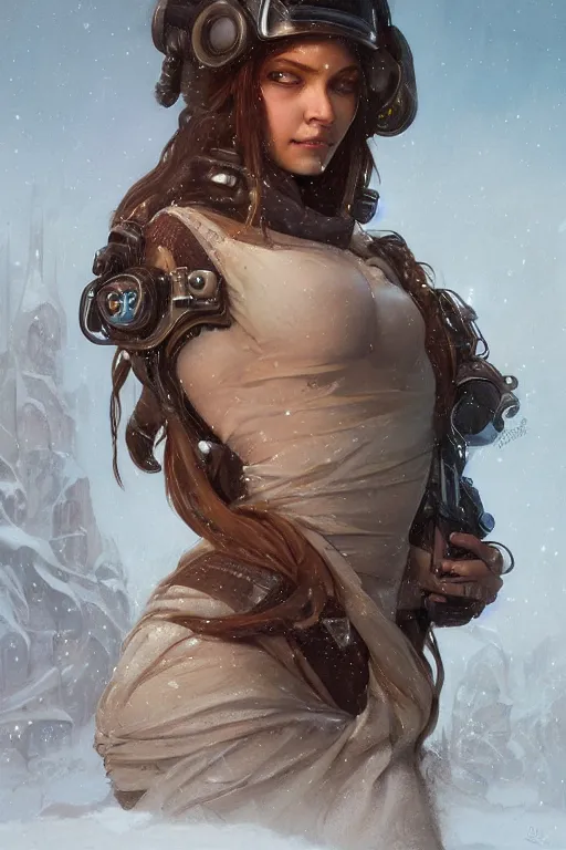 Image similar to ultra realistic illustration, snowy, beautiful brown woman, hacknaut cyberpunk, sci - fi, fantasy, intricate, elegant, highly detailed, digital painting, artstation, concept art, smooth, sharp focus, illustration, art by artgerm and greg rutkowski and alphonse mucha