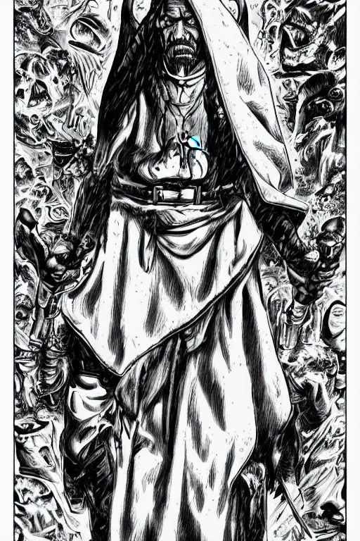 Image similar to Danny Trejo as church nun, dark fantasy, highly detailed, artstation, manga illustration by Kentaro Miura berserk