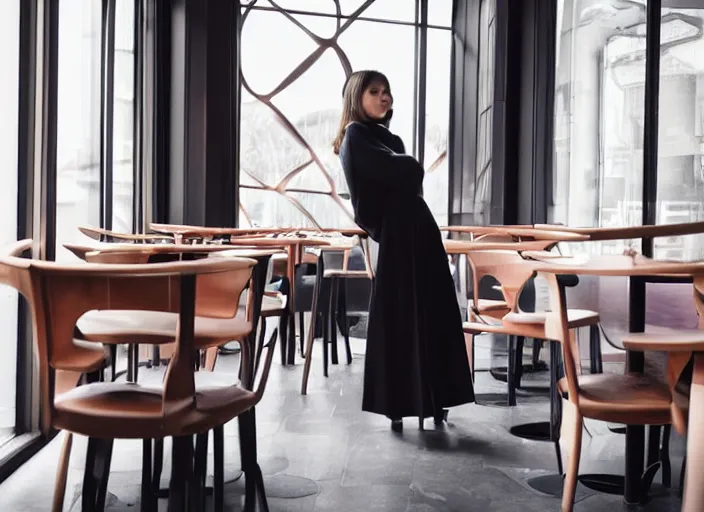 Image similar to beautiful!!! young adult woman in a cozy coffee shop wearing an avant garde outfit designed by zaha hadid, natural lighting, 5 0 mm