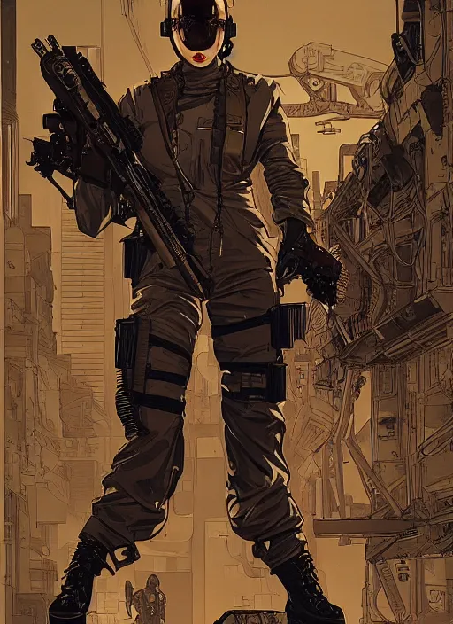 Prompt: the snake. cyberpunk assassin in military vest and jumpsuit. portrait by ashley wood and alphonse mucha and laurie greasley and josan gonzalez. illustration, pop art, cinematic. realistic proportions. moody industrial setting. artstationhq