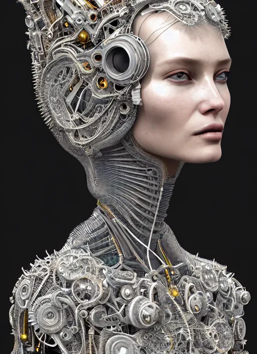 Image similar to portrait of an absurdly beautiful, graceful, sophisticated, fashionable cyberpunk mechanoid, hyperdetailed illustration by irakli nadar and vania zouravliov, matt wisniewski style, intricate linework, mother of pearl porcelain skin, faberge headdress, unreal engine 5 highly rendered, global illumination, radiant light, detailed and intricate environment