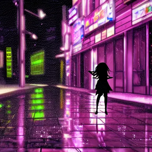 Image similar to advanced digital anime art, invisible girl dancing in the rain on a neon lit street, water reflections.