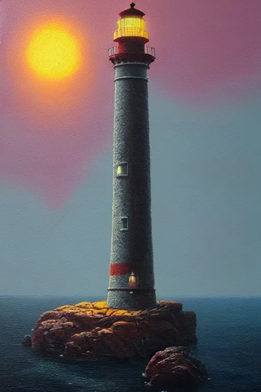 Image similar to a lighthouse on a rock in a redwood solar punk vision ; oil on canvas by klaus burgle and simon stalenhag ; ultra - realistic 3 d depth shading