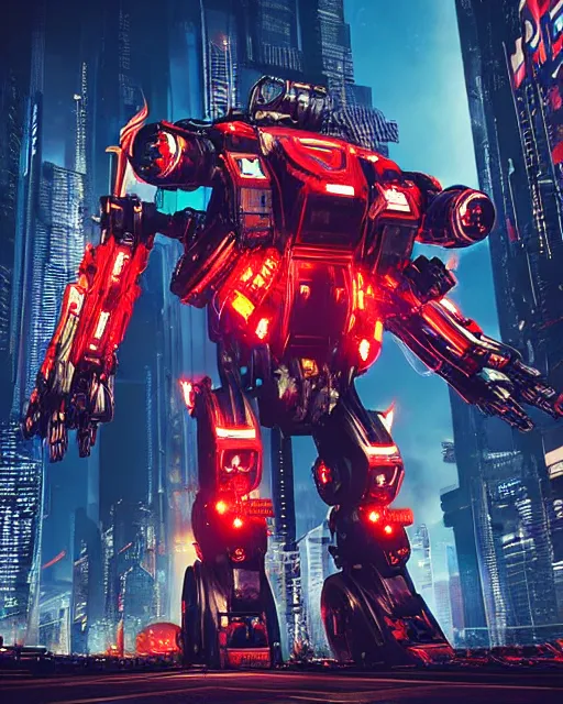 Image similar to “ cyberpunk mecha bull with glowing red eyes, bull horns, hyper detailed, octane render, cyberpunk city background ”